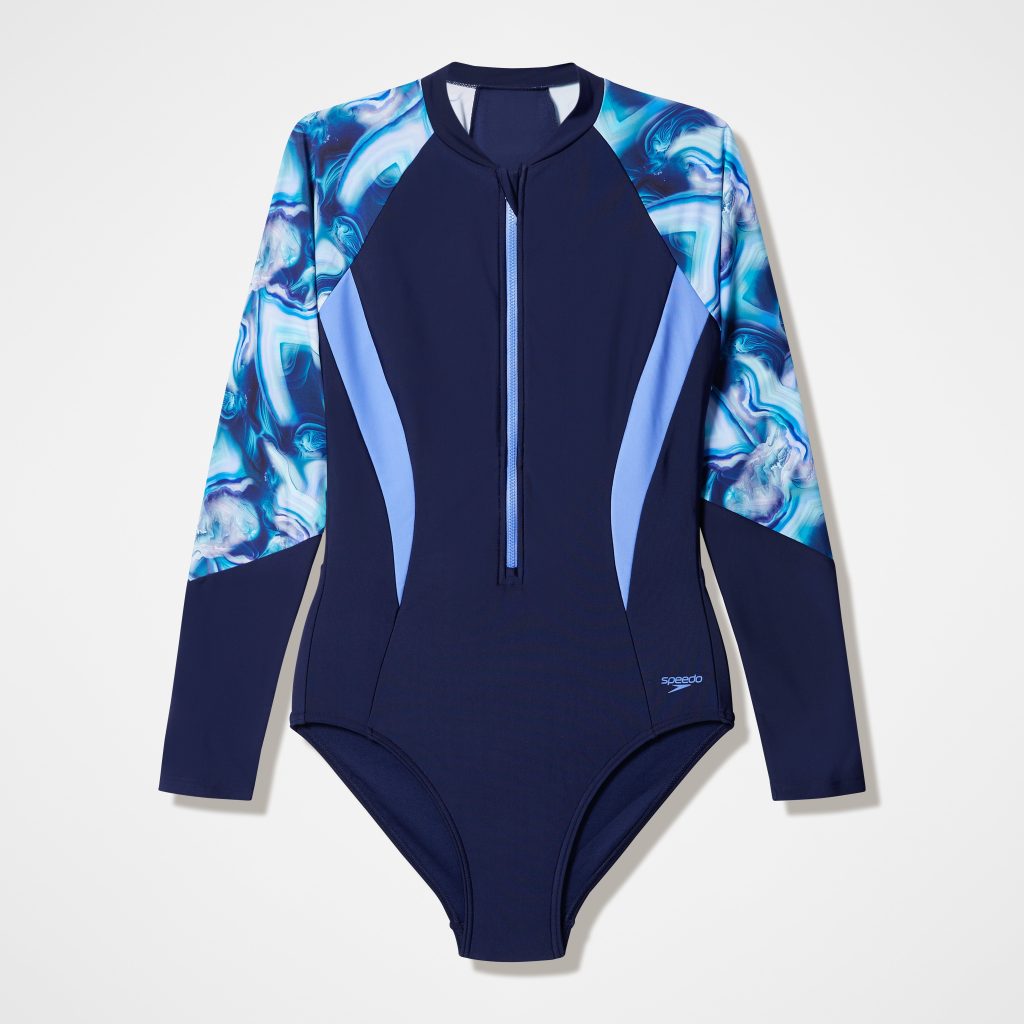 Women's Modern Coverage Printed Long Sleeve One Piece Navy